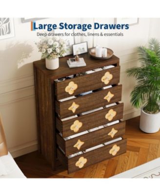 5 Drawer Tall Boho Dresser, 45" Wooden Chest with Clothes Storage Cabinet, Brown