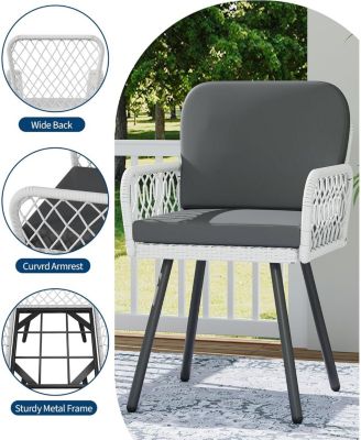 Patio Dining Chairs Set of 2 with Black Metal Frame & White Hand-Woven Rattan, Porch Armchairs with Cushion for Indoor, Garden, Balcony, Deck