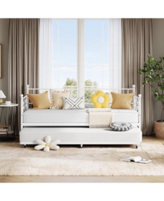 Daybed with Trundle, Twin Metal Bed Frame with Heart-Shaped Headboard, Sturdy Steel Slat Support