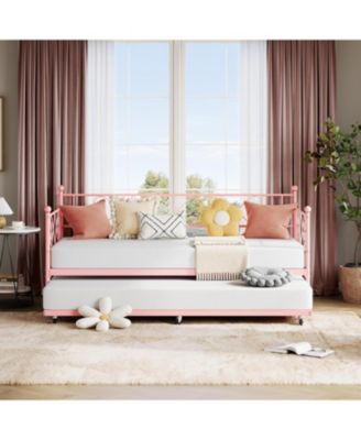 Daybed with Trundle, Twin Metal Bed Frame with Heart-Shaped Headboard, Sturdy Steel Slat Support