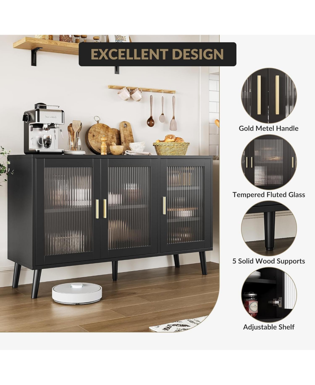 gaomon Sideboard Buffet Cabinet, Large Sideboard Cabinet with 3 Fluted Glass Doors and Removable Shelves