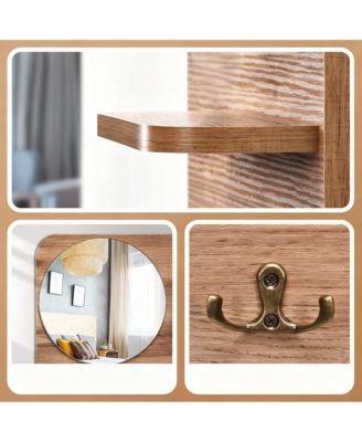 Oak Wood Key Rack with Mirror, Hooks, and Shelves for Home Decor