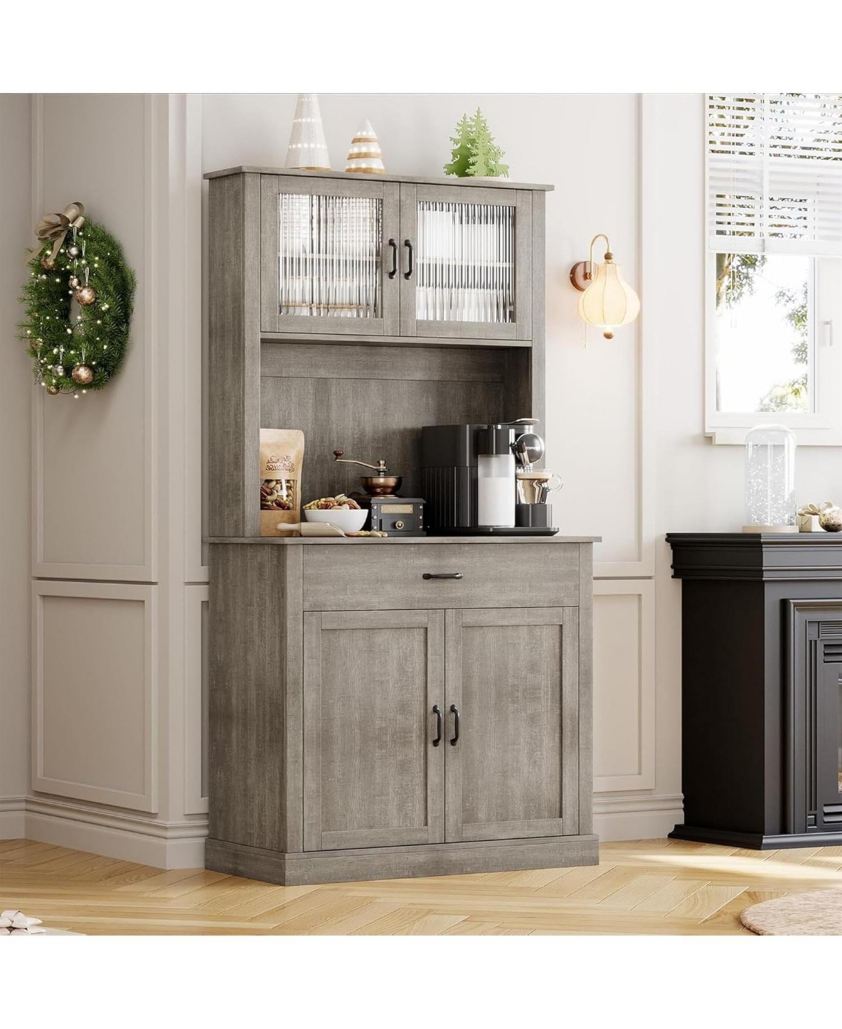 gaomon Kitchen Pantry Cabinet with Microwave Stand, 71”Freestanding Tall Kitchen Cabinet with Doors and Shelves for Dining Room - Rustic gray