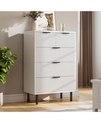 Fluted 5 Drawer Dresser for Bedroom, Modern Tall Chest of Drawers with Metal Legs, Wooden Drawer Chest Storage Cabinet for Living Room