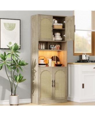 71" Tall Pantry Cabinet with Countertop, Kitchen Cabinets with LED Light Strip & Microwave Shelf, Kitchen Hutch Storage Cabinet with Adjustable