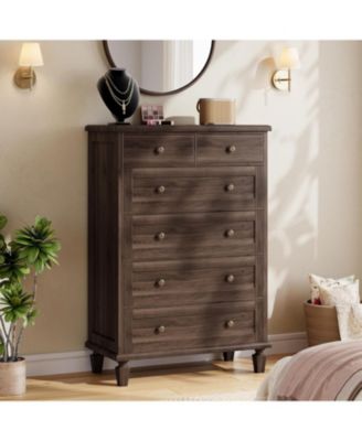 Vintage 6 Drawer Dresser for Bedroom, Tall Wood Dresser with Tapered Legs Support, Dressers & Chests of Drawers for Living Room, Dark Brown