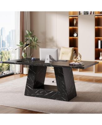 63-Inch Large Computer Desk, Modern Office Desk Workstation, Simple Style Executive Desk Study Table, Wooden Faux Marble Writing Desk