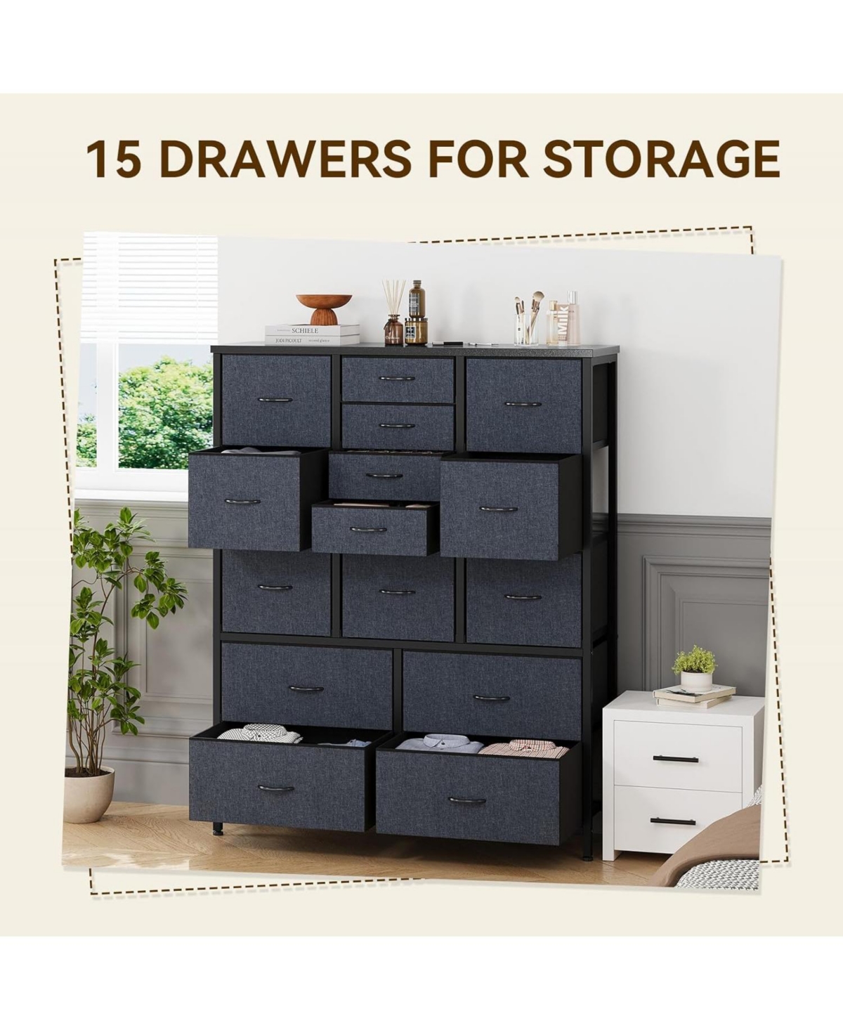 gaomon 15 Drawers Dressers, Chest of Drawers with Wood Tabletop, Metal Frame, Storage Organizer Unit with Fabric