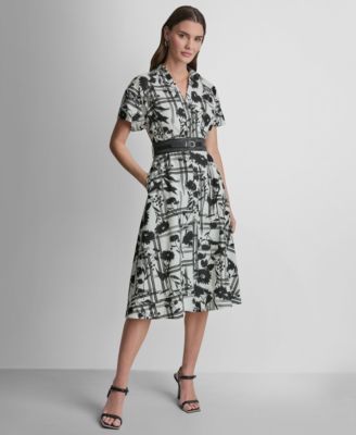 Women's Short-Sleeve Collared Neck Belt Midi Shirtdress