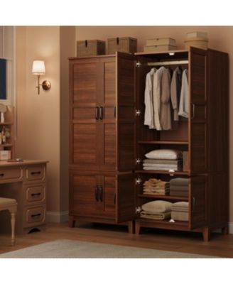 Armoire Wardrobe Closet with 4 Doors,72 in Wooden Wardrobe Cabinet with Hanging Rod