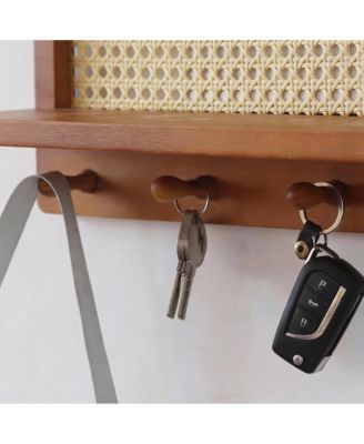 4 Wood Key Hooks Pine Board PE Rattan Grid Coat Rack Decor