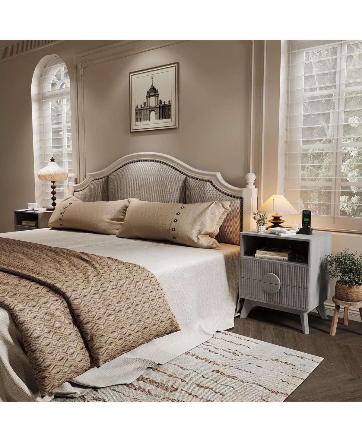 gaomon Modern Wood Nightstand with Charging Station, Fluted Bedside Table with Drawers and Shelf for Bedroom