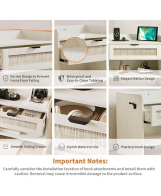 Rattan Nightstands Set of 2, Boho Bedside Table,Wooden End Table,Farmhouse Night Stand with 1 Drawer,Open Shelf