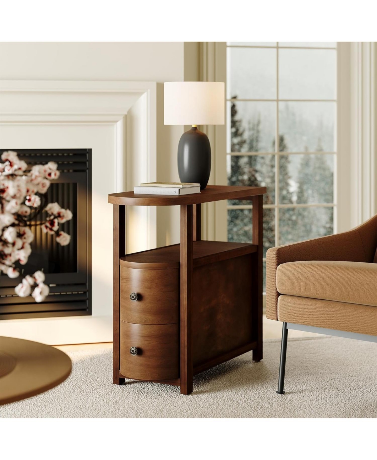 Tribesigns Solid Wood End Table with 2 Drawers & Open Shelf Set of 2, No Assembly Required Side Table, Vintage Brown Slim Bedside Table Nightstand