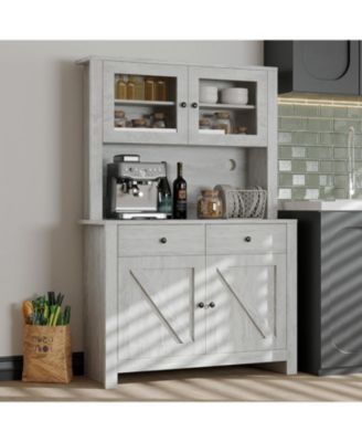 Kitchen Pantry Cabinet with Microwave Shelf,Freestanding Storage Cabinet with Glass Door, Adjustable Shelves and Drawer