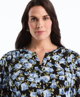 Plus Size Floral Print Shirred 3/4-Length Sleeve Top