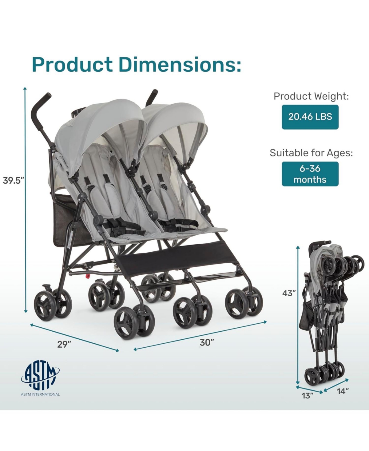 Dream On Me Baby Twin Venture Umbrella Stroller, Multi Backrest Positions, Adjustable & Removable Canopy Double 360°Swivel Wheels with