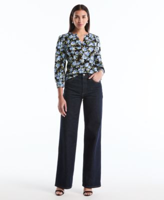 Petite Floral Print Shirred Henley Neck Top