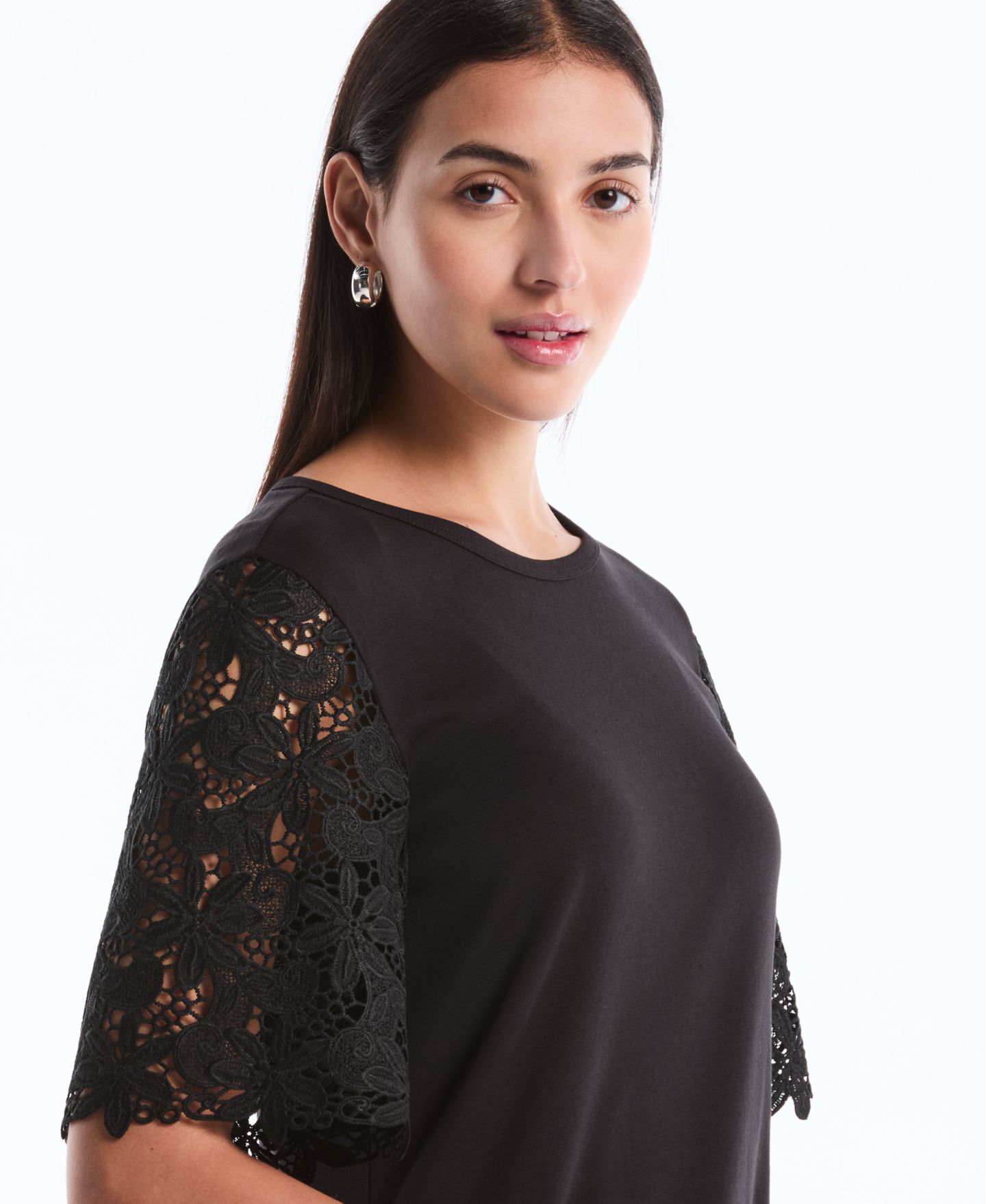 Женский топ Rafaella Petite Draped Lace Crew Neck, цвет: Чёрный — фото 4