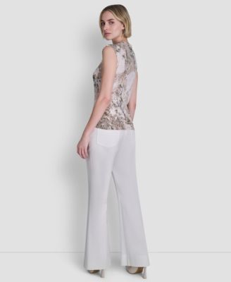 Women's Sleeveless Printed Asymmetrical Neck Knit Top