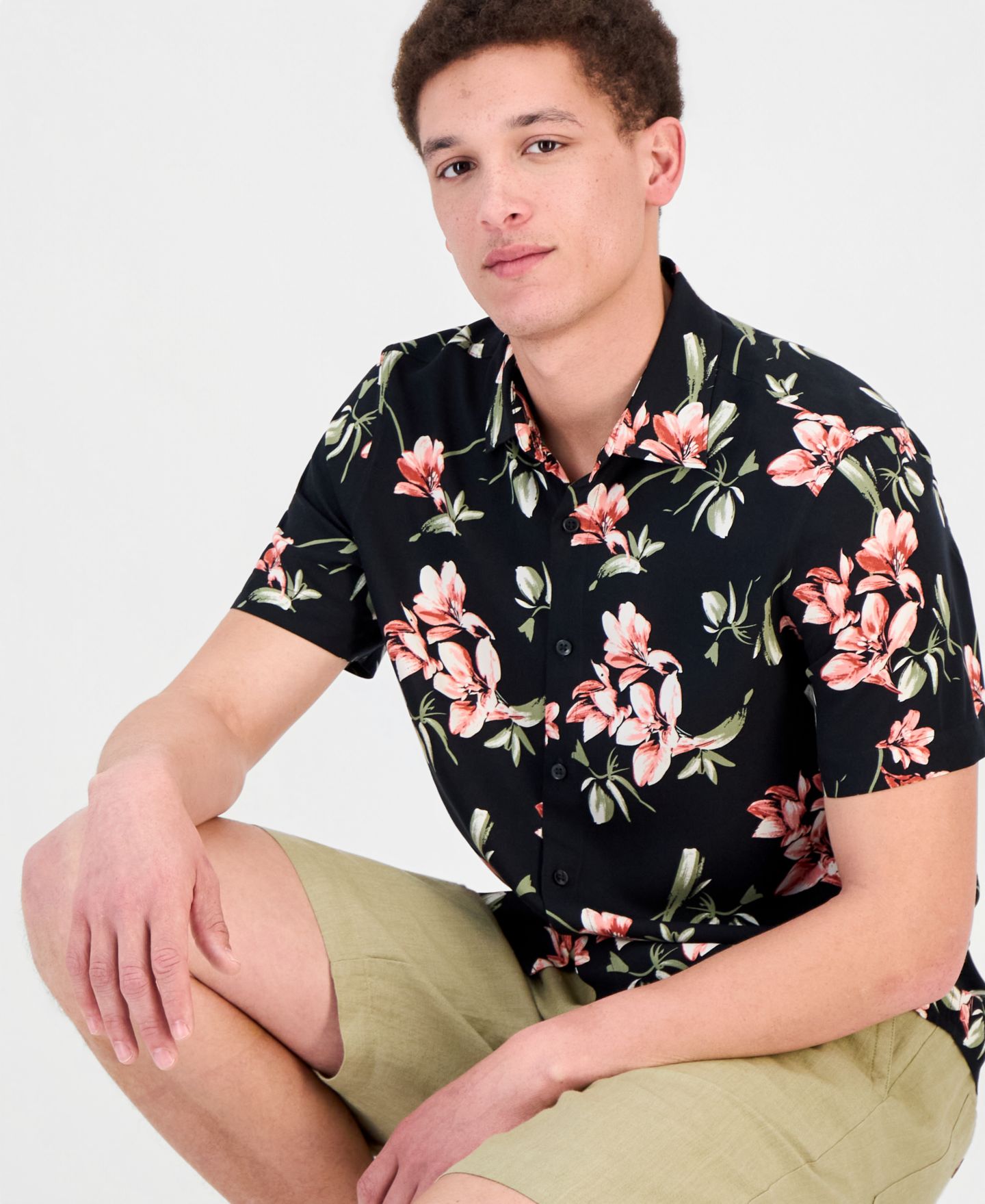 Мужская рубашка Cubavera Floral Print Short-Sleeve, цвет: Угольно-чёрный — фото 3