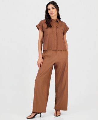 Petite Linen-Blend Short-Sleeve Button-Front Shirt