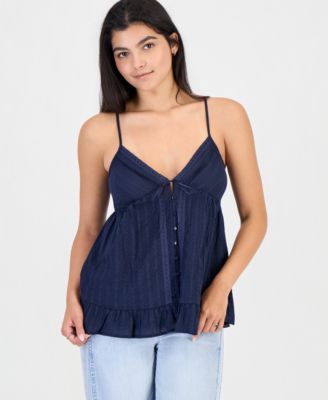 Juniors' Lace-Trim Pintuck Cotton Sleeveless Top