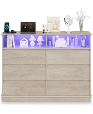 6 Drawer Dresser for Bedroom with LED Lights & Charging Station, Modern Oak Dresser with LED for Bedroom