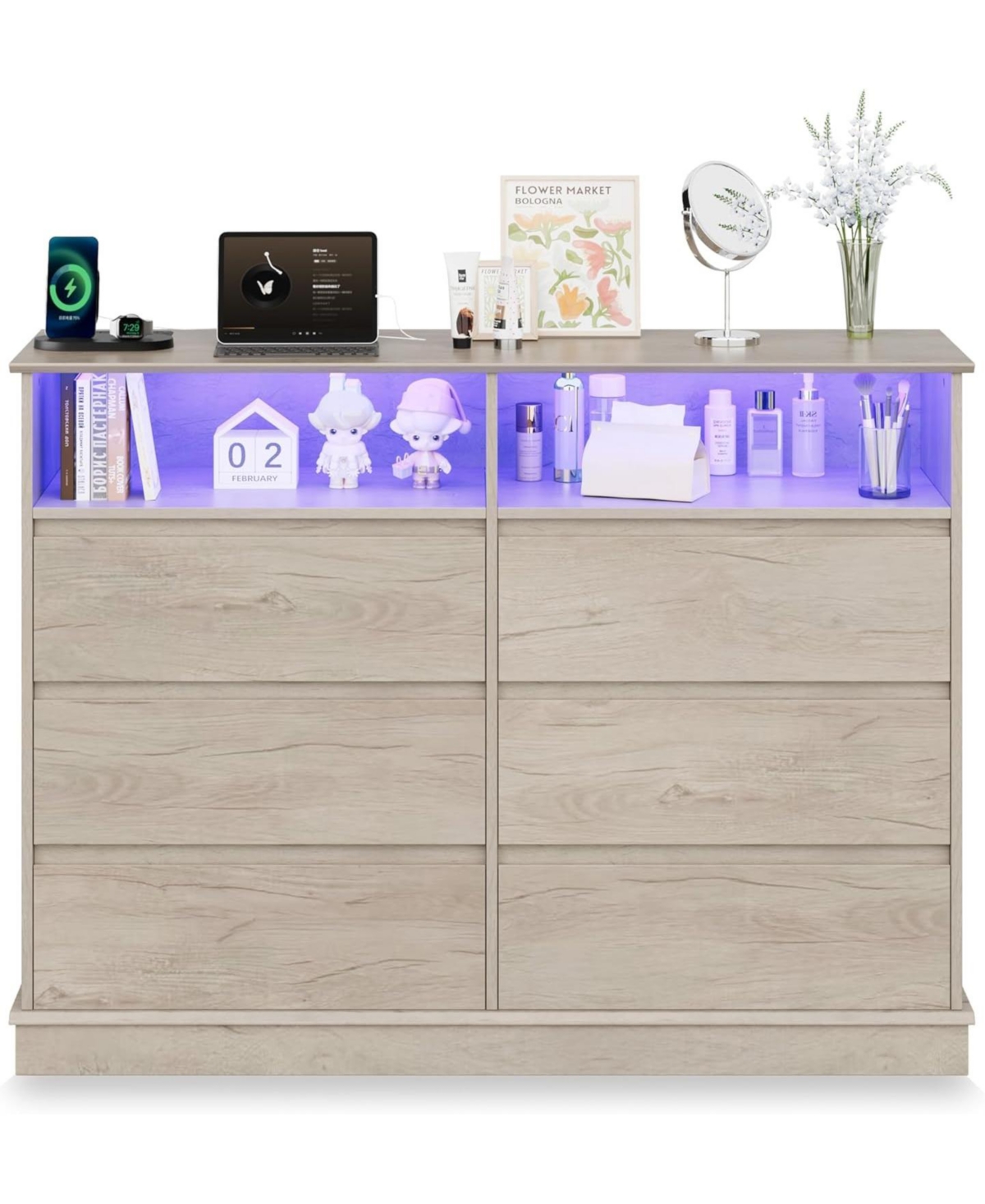gaomon 6 Drawer Dresser for Bedroom with Led Lights & Charging Station, Modern Oak Dresser with Led for Bedroom