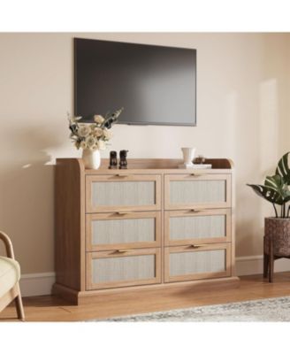 Farmhouse 6 Drawer Dresser, Rattan Chest of Drawers with Spacious Tabletop & Raised Edges, Compact Wood Storage Organizer for Bedrooms
