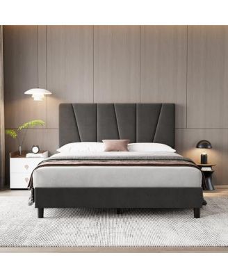 Full Size Bed Frame with Adjustable Headboard, Velvet Upholstered Platform Bed Frame