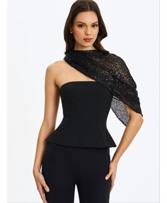 Women's Quinette Peplum Top with Beaded Asymmetrical Cape