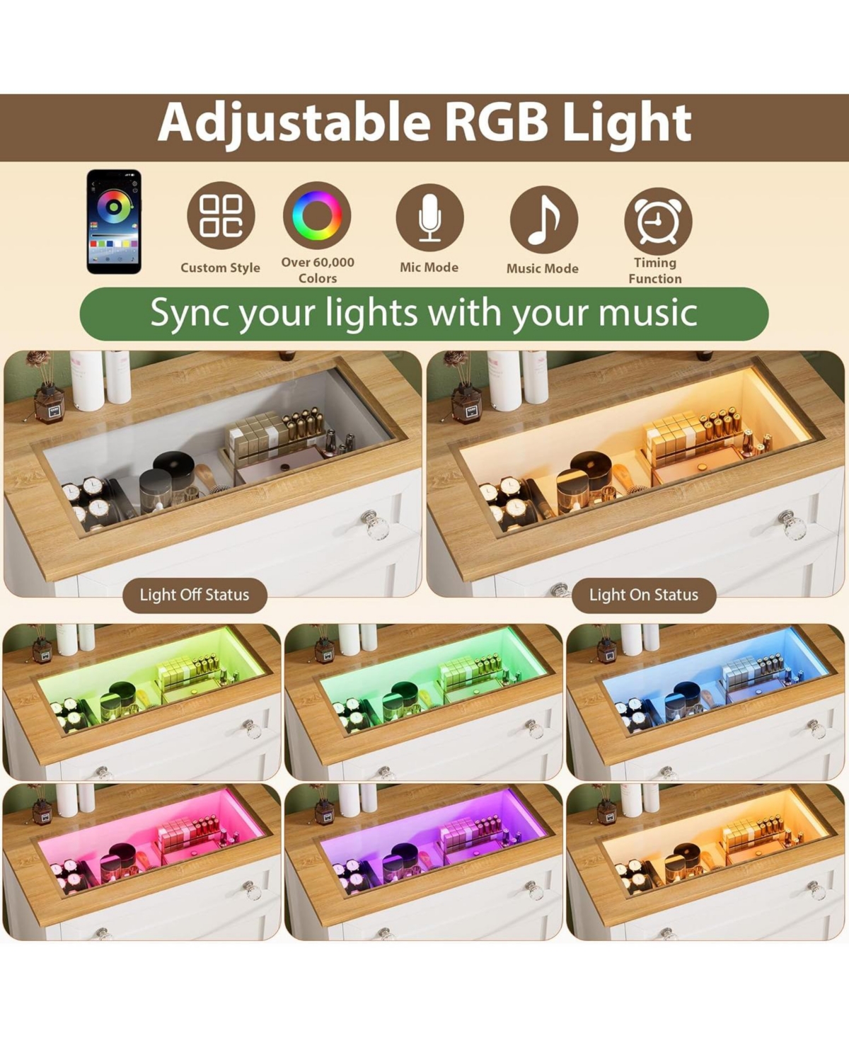 gaomon White Drawer Dresser with Led Light