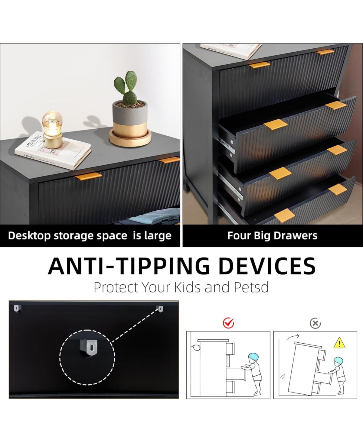 gaomon Fluted 4 Drawers Dresser, Modern Chest of Drawers, Wood Drawer Organizer with Waveform Fluted Panel
