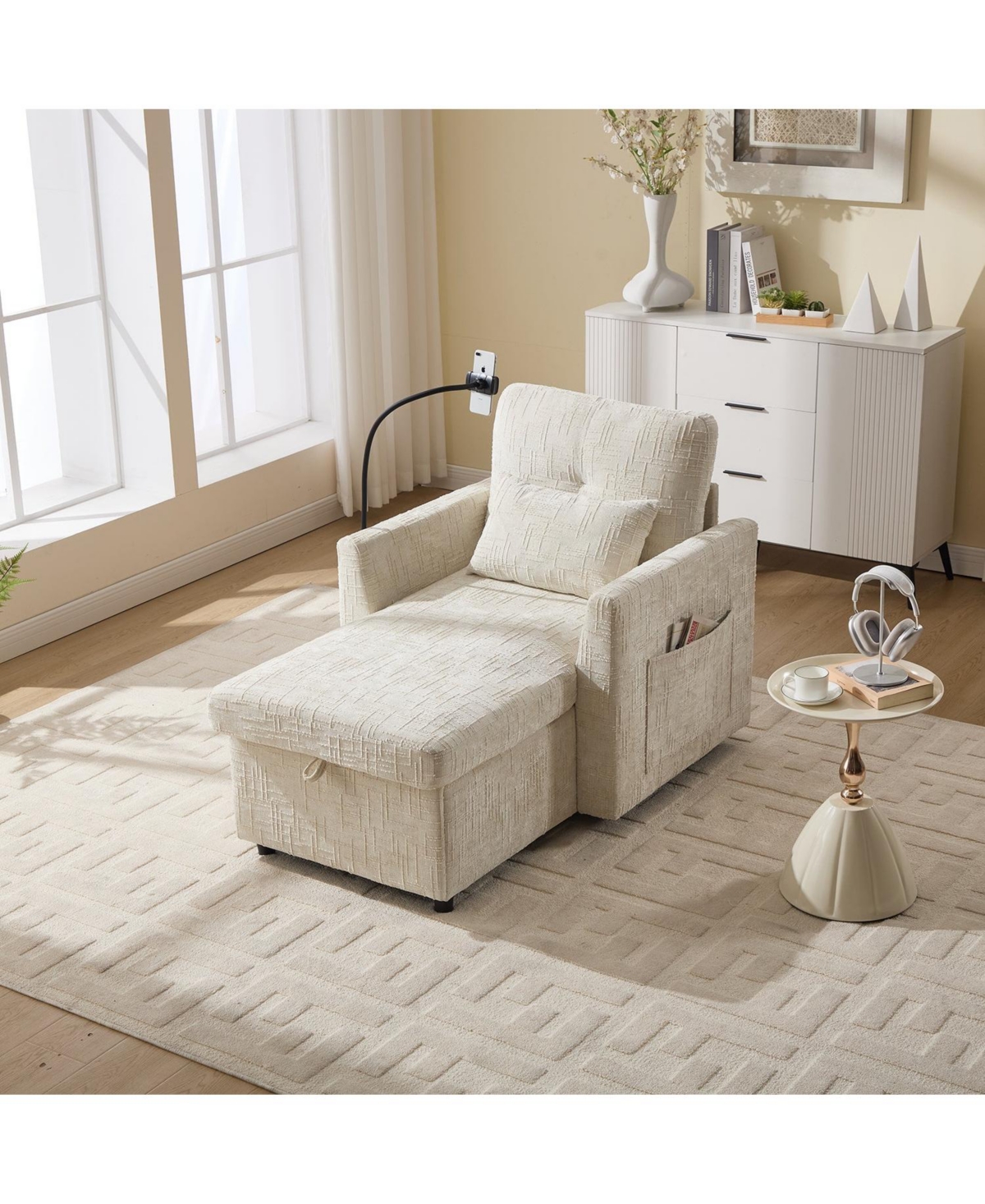 Boyel Living Multifunctional Chenille Sofa with Storage & Cell Phone Bracket, Single Sleeper Chair, Chaise Lounge Chair