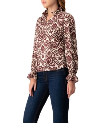 Women's Ruffled V-Neck Abstract Blouse Top
