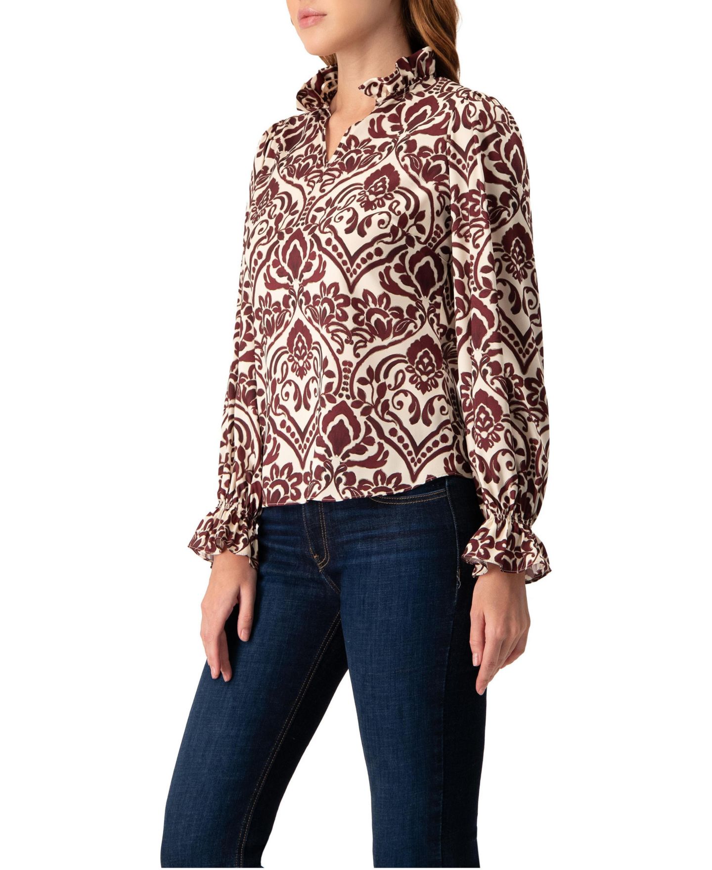 Женская блузка Ivonne Ruffled V-Neck Abstract Blouse Top, цвет: Винный — фото 6