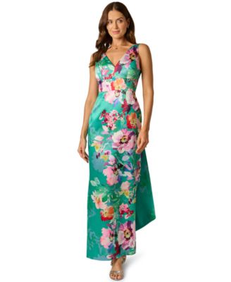 Women's Printed Mikado Bow Back V-Neck Gown