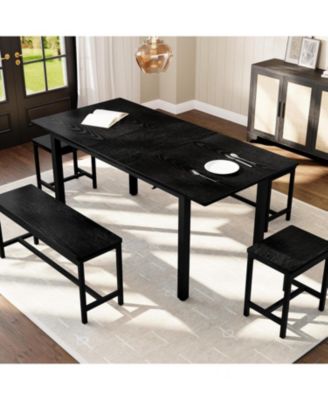 Extendable Dining Table Set for 6-8 People, Farmhouse Style Wooden Table with 2 Benches and 2 Stools