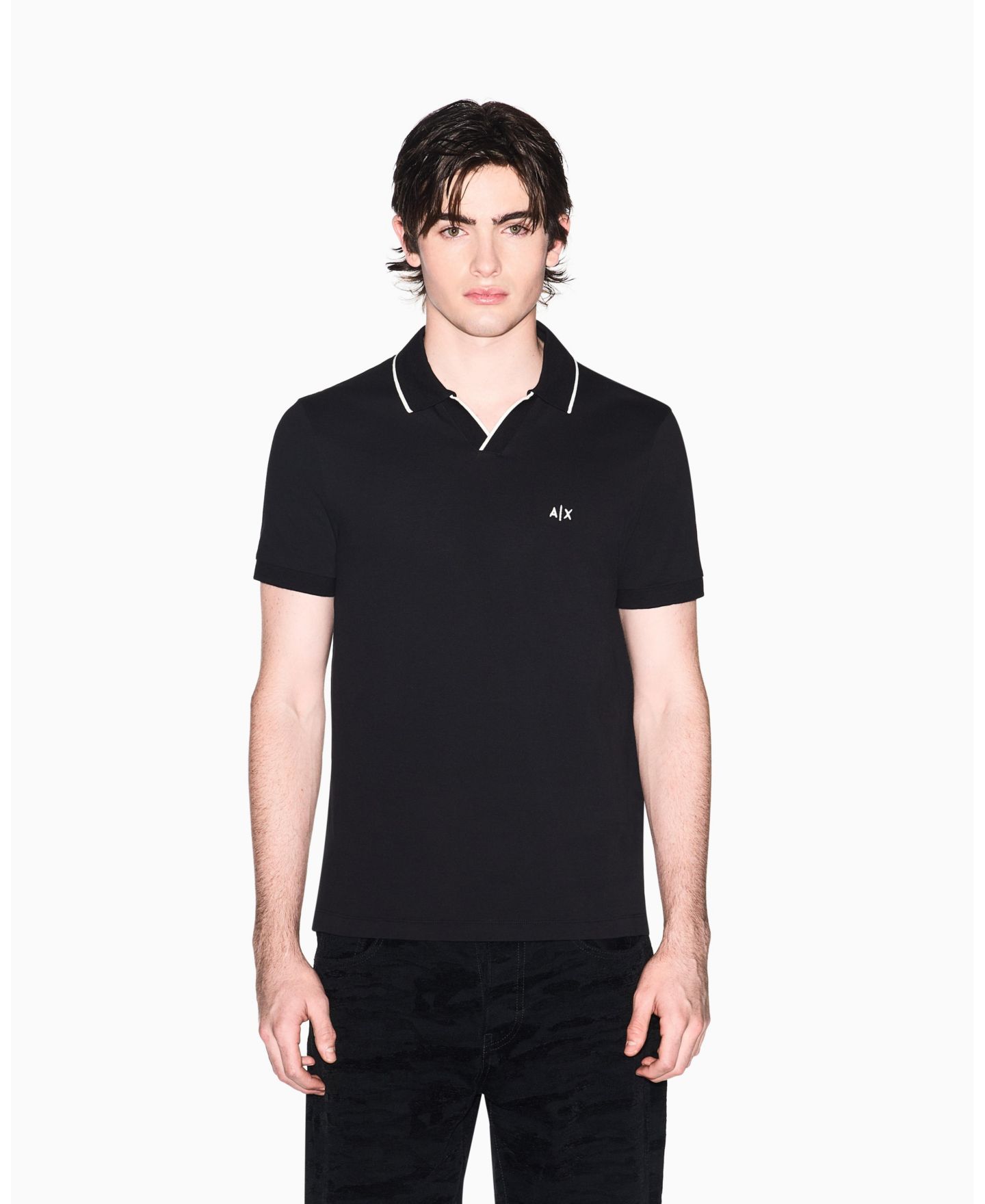 Мужское поло A|X Armani Exchange Short Sleeve Pique Johhny Collar Polo Shirt with Tipping, цвет: Чёрный — фото 1