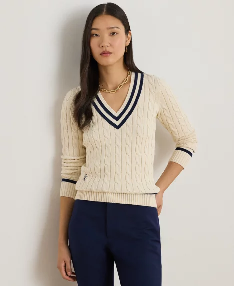 Petite V-Neck Long-Sleeve Sweater - Mascarpone Cream/refined Navy