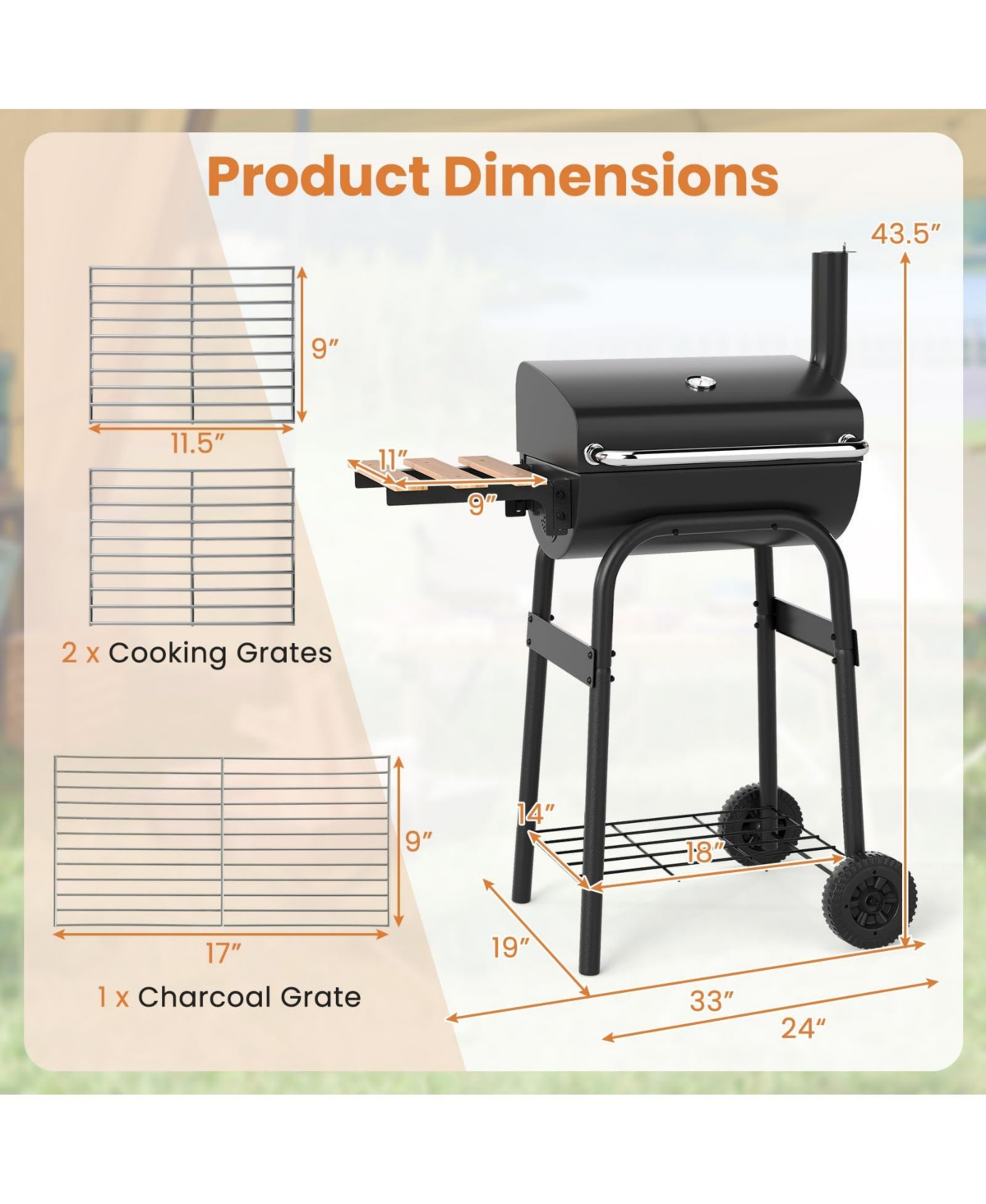 Ecooso Barrel Charcoal Grill with Foldable Side Table and Thermostat