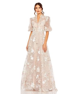 Petite Embroidered Queen Anne Puff Sleeve A Line Gown