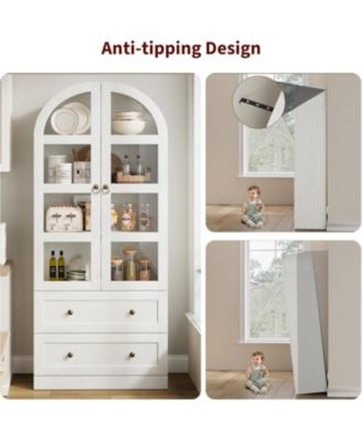 72" Tall Dome Bookcase with Drawers, 4-Tier Wooden Bookshelf Storage Cabinet with Glass Door, Farmhouse Arched Cabinet with Display Shelves