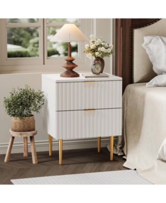 2 Pack Modern Nightstand with USB Charging Station, Gold & Wood Fluted Bedside Night Stand with 2 Drawers, USB Ports & Outlets