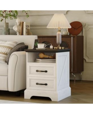 Farmhouse Nightstand with Charging Station Large Rustic Bedside Table with 2 Drawers & Open Shelf, USB Ports & AC Outlets for Bedroom