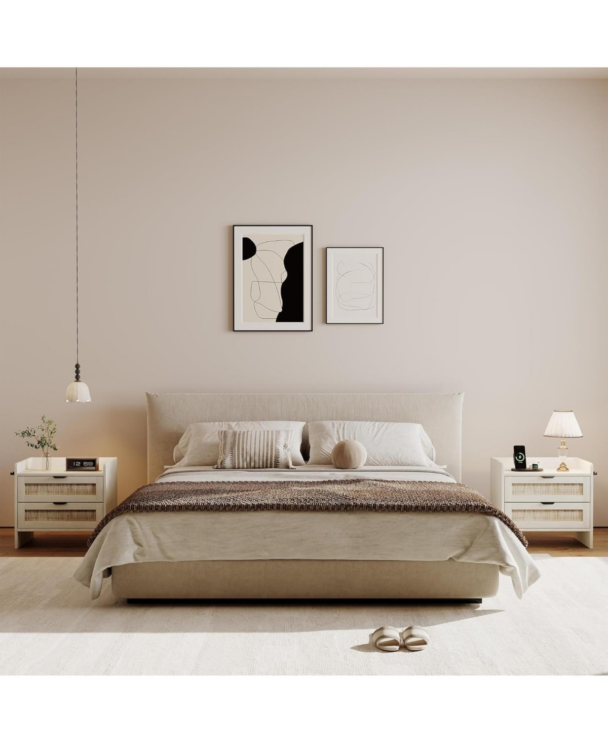 gaomon Set of 2 Boho Rattan Nightstands, Each Equipped with a Modern Type-c Charging Station and 2 Large Storage Drawers