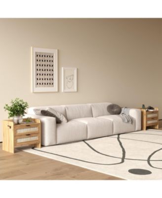 Boho Rattan Bedside Table with Type-C Charging Station, Nightstand with 2 Drawer Storage