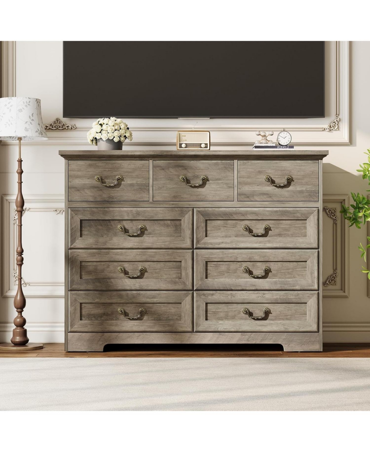 gaomon 9 Drawer Dresser for Bedroom 47 Wide Dressers Wood Vintage Chest of Drawers with Natural Texture and Gold Floral Handles, Farmhouse