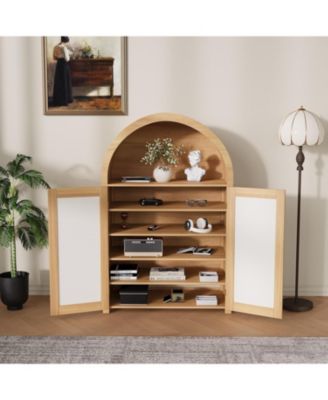 47.8" Farmhouse Arched Shoe Cabinet with Rattan Doors, 5-Tier Shoe Rack with Adjustable Shelves, Storage Cabinet Organizer for Entryway